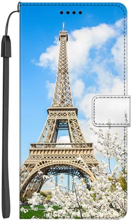 EuoDuo Kompatibel mit iPhone 12 Hülle zum Klappen PU Leder Handyhülle Wallet mit Muster Klapphülle Flip Case Etui Schutzhülle - Paris Blauer Himmel