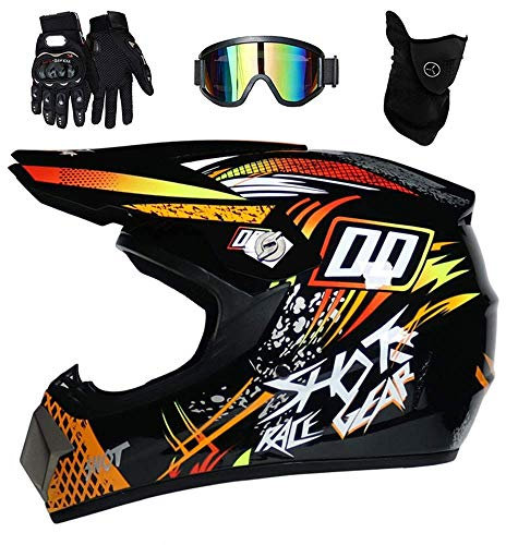 Adulte Casque Motocross Ensemble, avec Gants Lunettes Masque, Jeunesse Enfant Visage Complet MTB Hors Route Moto Karting Accident Casque, ATV MX Downhill Quad Vélo de Saleté Course d'enduro Casque (C
