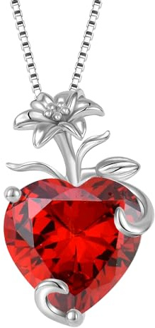 YL Herz Halskette 925 Sterling Silber Lilie Blume Anhänger Kette Januar Geburtsstein Granat Halskette Schmuckgeschenke für Damen Mutter Freundin
