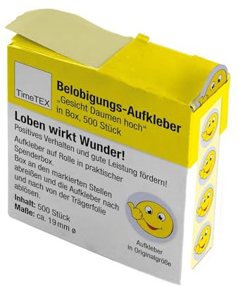 TimeTEX - Belobigungs-Aufkleber Gesicht Daumen hoch | Lehrersticker für motivierendes Feedback | 500 Sticker in praktischer Spender-Box | 1 Motiv | 19 mm ø