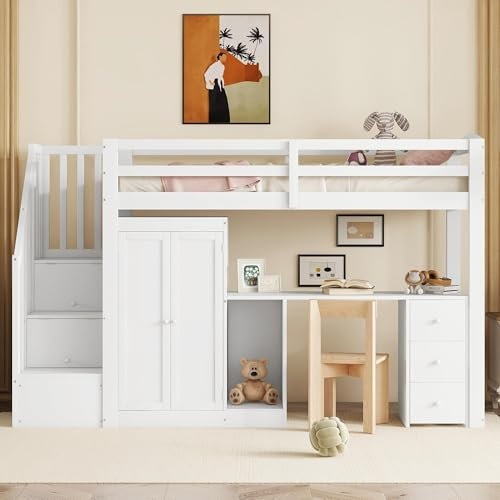 Soweiz Bett aus Holz, Kinderbett mit Kleiderschrank, Ablagefächern, Schreibtisch und Schubladen und Schrank in einem, Stabil und Langlebig, Weiß, 90 x 200cm