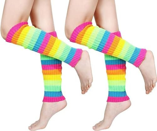 AKAMAS 2 Paar Damen Bunt Gestreifte Beinstulpen,Regenbogen Streifen Stulpen,Warm Winter Gestrickte Beinwärmer für Frauen,80s Jahre Party Kostüm Zubehör,LGBTQ Pride Stulpen,Baumwolle Kniewärmer B