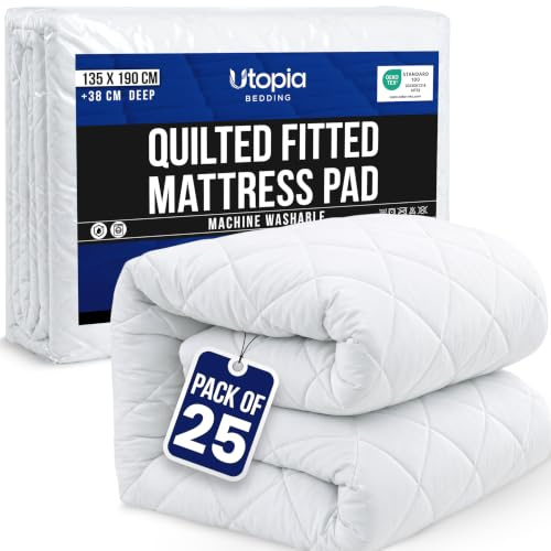 Quilted Mattress Topper, Double 135x190 fits 38cm deep, Pack of 25 | Quilted Mattress Cover with All around Elastic, Hotel Quality, Virgin Fiber Filling, Oeko-Tex Certified by Utopia Bedding