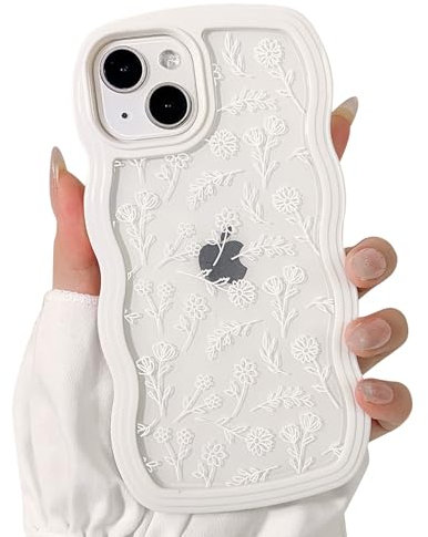 NITITOP Compatible for iPhone 14 Plus / 15 Plus Case Cute Clear Flower Floral Leave Curly Blue Wave Frame Shape Wavy Shockproof Soft TPU 2 in 1 Protective Phone Cover for Women Girl - White
