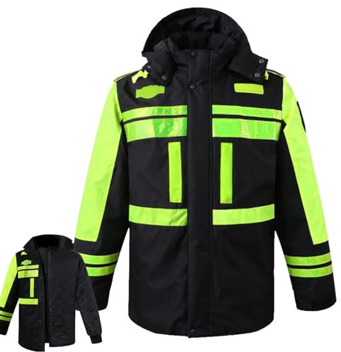 GJXWD Herren Sicherheitsjacke Arbeitsjacke Warnschutz Reflektierend Jacke Verkehr Outdoor Winterjacke Warnjacke Fleecefutter Kapuzenpullover Winterjacke Warnjacke Warnschutzjacke,M,Black