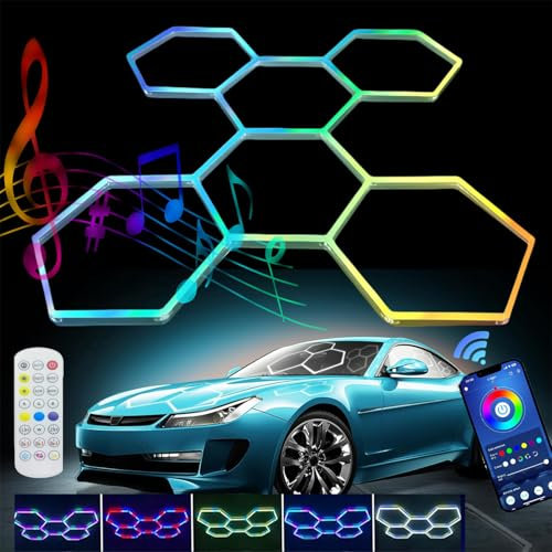 Fohatu RGB Lampes De Garage À LED Hexagonales Lumiere Hexagone Garage,Lampe Hexagone LED Garage pour Garage,sous-Sol,entrepôt,Salon De Beauté Automobile,Atelier D'esthétique Automobile,RGB,6 grilles