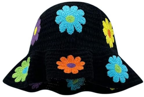 Ldabrye Fischerhut, elegant, gehäkelt, bunt, atmungsaktiv, handgewebt, für den Urlaub, Schwarz , Einheitsgröße