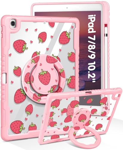 SurgeCraft Étui pour iPad 9e/8e/7e génération, iPad Air 3/Pro 10,5 2017 – Kawaii mignon fraise avec porte-crayon et support, coque transparente pour iPad 9/8/7 génération, Air3, Pro 10,5