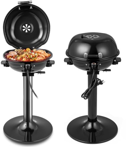 COSTWAY 1600W BBQ Electric Grill, Portable Barbecue Grills with Removable Non-Stick Grilling Rack, Adjustable Temperature & Oil Drip Tray, Indoor Outdoor Freestanding Grill for 15-Serving (Black)