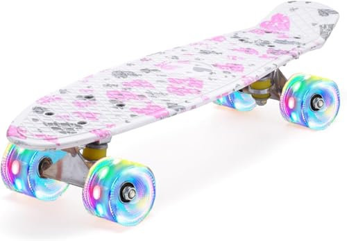 ERNAN Skateboard Komplette 22 Zoll Mini Cruiser Skateboard für Kinder Mit LED Leuchtrollen Skate Board Für Erwachsene Kinder Jungen Anfänger