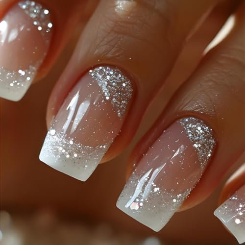 SXVME Silver Glitter Acrylic Ombre Nude White Press on Nails - 24 Pcs French Tip Square