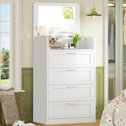 TEENFON Commode Haute avec Miroir de Coiffeuse, Commode à 4 Tiroirs pour Chambre à Coucher/Salon, Armoire de Rangement avec Miroir de Maquillage, Multifonctionnelle & Organisateur, Blanc