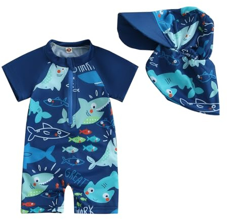 Baby Boy Swimming Costume Toddler Boy Swimsuit Infant Bathing Suit Short Sleeve One Piece Rash Guard Sun Hat Summer Beachwear