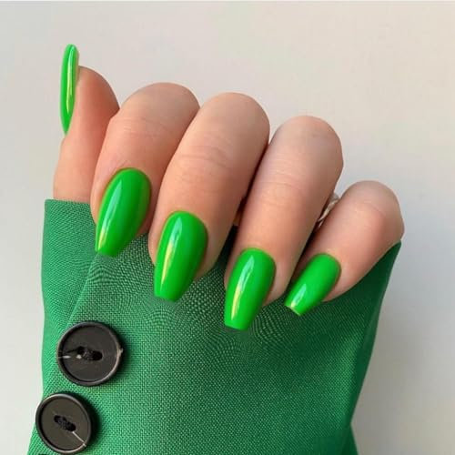 SXVME Sage Green Press on Nails Short Medium Coffin Acrylic False Nails Short Ballerina Natural Fake Nails Set Elegant Solid Color Glossy Gel Stick on Nail for Women Daily Wear 24 Pcs