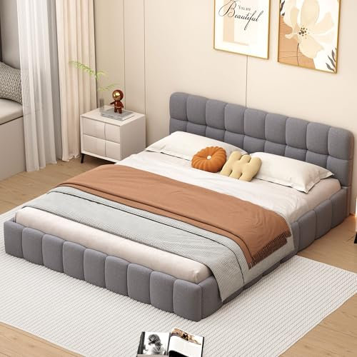 Polsterbett Bubble Bett 160x200, Doppelbett Mit Bettkasten, Polsterbett 160x200 Mit Stauraum, Jugendbett Flachbett Gästebett Mit Lattenrost Und Kopfteil, Leinen, Ohne Matratze (Grau, 160x200cm)