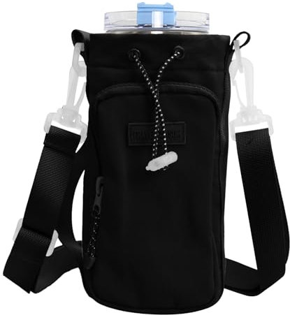 Water Bottle Carrier Bag for Stanley Cup 40oz, Water Bottle Holder with Phone Pocket & Adjustable Shoulder & Handheld Strap for Walking Hiking Camping Travelling (Black)