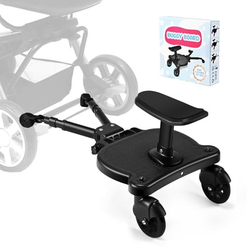 Planche Poussette Universelle, Buggy Board 2 en 1 Avec Siège Intégré, Marchepied Universel Pour Poussette Équipé de Roues Pivotantes 360°, Adapté aux Enfants de 2 à 6 Ans Supportant Jusqu'à 25 kg