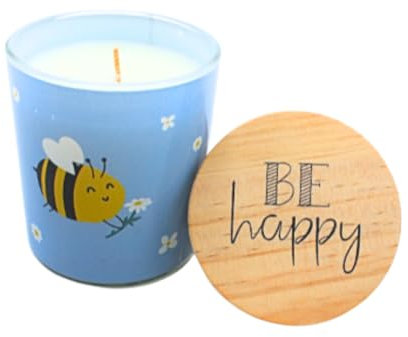 Dekohelden24 Duftkerze, Aromakerze, Kerze im Glas, Bee Happy Kerze, Kerzengeschenk, Dekokerze, Sojawachskerze, Biene Bee Happy, Duftrichtung: Lemongras, L/B/H 7 x 7 x 9 cm, 30h Brenndauer, 140g.