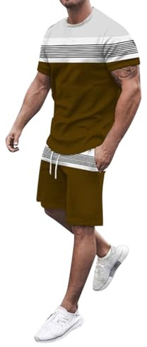 Maskjuwio Set pigiama corto in cotone da uomo, 2 pezzi, kimono a 3/4, con maniche a 3/4, set di pantaloncini in tinta unita, per il tempo libero, leggero, comfort, taglie M-Xl, marrone, XXL