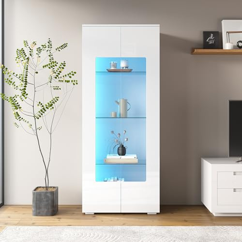 Vitrine 173 cm hoch hochglanzweiß mit LED Beleuchtung Transparenten Türen 4 Ebenen Kippschutz schmal Sammlervitrine Standvitrine Figuren Wohnzimmer modern