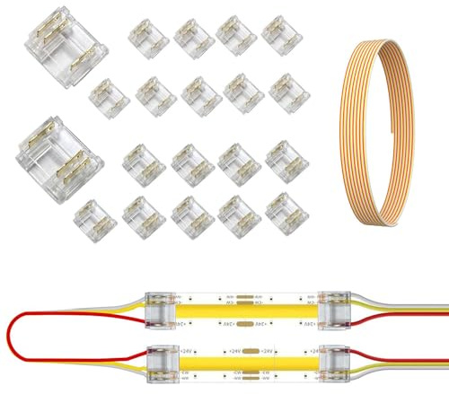 20 Stück 3-poliges COB-LED-Streifenlicht-Anschlusskit 3-poliger 10 mm/0,39 Zoll lückenloser lötfreier Anschluss, 3 m 22AWG-Verlängerungskabel für RGB-COB-LED-Streifenlichter