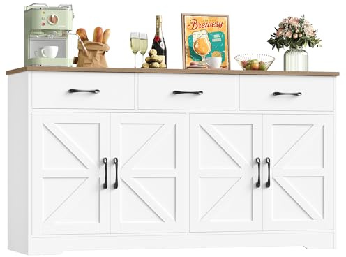 HOCSOK Sideboard, 150cm Breit Küchenschrank mit Arbeitsplatte, Weiß | Sideboard mit 4 Türen und 3 Schubladen, Buffetschrank Anrichte für Wohnzimmer Küche Esszimmer, 150×81,5×38,5 cm