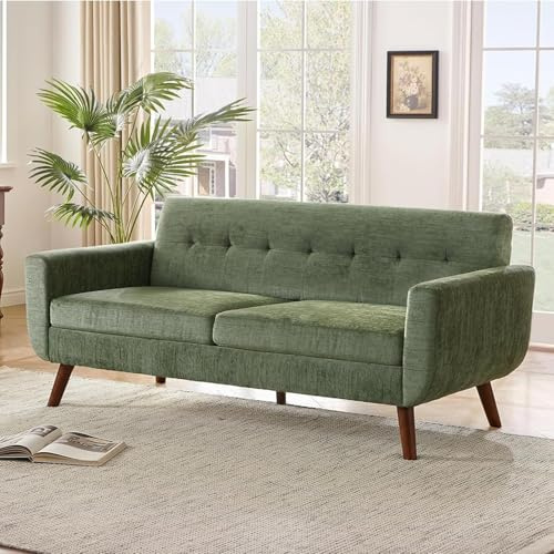 Kingfun Tbfit Sofa 3-Sitzer Modernes Kleines Sofa 196 cm mit Holzfüßen in Grün, 3 Sitzer XXL Cloud Couch mit Knopfheftung für Wohnzimmer & Schlafzimmer, Big Sofa mit 2 Wurfkissen für Büro & Apartment