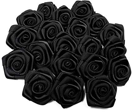 Rosen 3 cm x 10 Stück Satinrosen Aufnäher Deko Blumen Röschen zum Basteln Hochzeit kleine Rosenköpfe Farbe: Schwarz 030