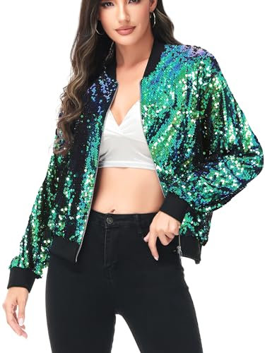 Anna-Kaci Damen Glitzer Pailletten Dünne Rib Rop Langarm Reißverschluss Bomberjacke Fliegenjacke Bikerjacke Jacke, L, Wassernixe