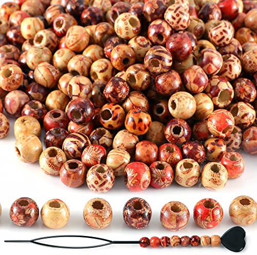 SOSMAR 400 Stück x 10mm Holzperlen Bedruckt mit Perlen Einfädler, Holzkugeln mit Loch Groß 4mm, Indianer Schmuck Perlen zum Basteln Makramee Armband Dreadlocks etc.