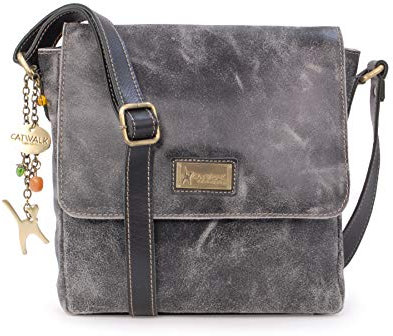 Catwalk Collection Handbags - Damen Antik - Leder Umhängetasche - Messenger Bag Mittelgroß - Arbeitstasche für Notizbuch A5 - Sabine - Schwarz