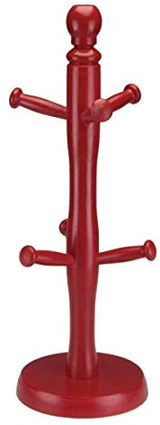 AQS INTERNATIONAL Kitchen Wooden 6 Cup Mug tree Holder Stand Rack Freestanding (Red Mug Tree)
