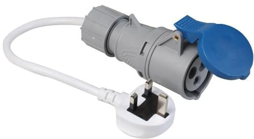 K M Electronics® 13A Rubber Molded UK Plug to 16A Blue Socket Caravan Hook UP Adaptor Mains Cable Lead