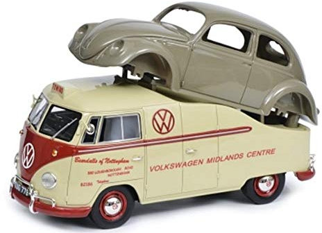Schuco 450016300 450016300-VW T1a Midlands Centre mit Brezelkäfer Karosserie, Modellauto, Resin, 1:18, beige/grau Modellfahrzeug