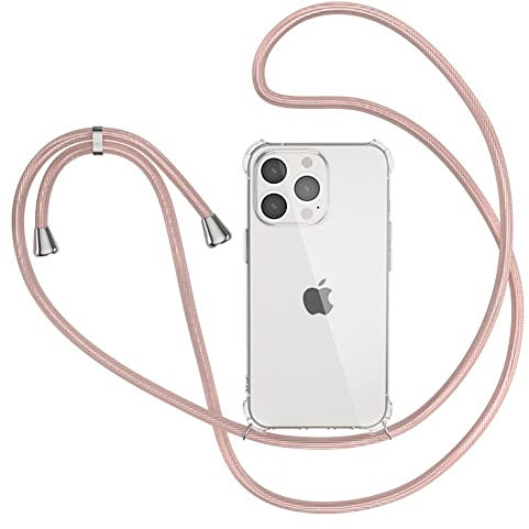 XTCASE Collier pour iPhone 12 Pro Max Coque, Etui de Téléphone avec Cordon - Tour de Cou Lanière en Corde - Transparente Silicone Housse avec Cordage Lanyard Case, Or Rose