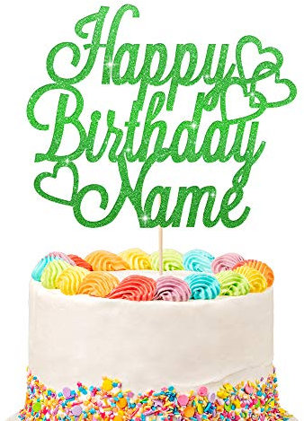 Personalised Happy Birthday Cake Topper | Customized Name Cake Decoration | Double Sided Glitter Card | Green