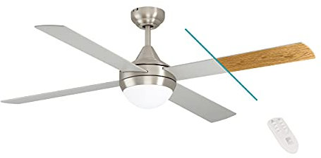 EGLO Deckenventilator VARADERO, 4 Flügel Ventilator mit Licht, Wendeflügel aus MDF in Silber oder Eiche, Gehäuse aus Stahl in Silber, Fernbedienung, Timer, Sommer Winter Betrieb, Ø 122cm