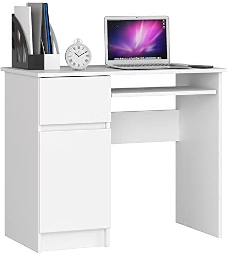 AKORD Piksel Schreibtisch Klein mit Schubladen | Office Desk | Computertisch | Bürotisch mit Tastaturablage | Schublade und Fach mit Tür | Holz Deko | B90 x H77 x T50 cm | 30 kg | Schrank Links