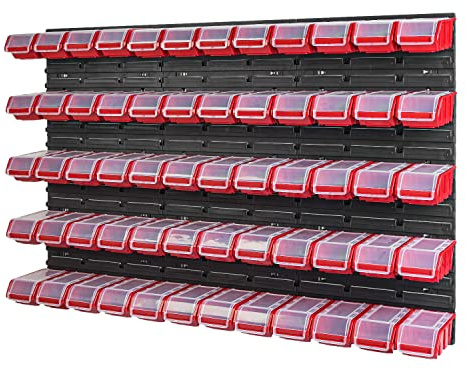 PAFEN Stapelbox Wandregal - 1158 x 780 mm - Lagersystem 60 Stück Boxen mit Deckel - Lagerregal Sichtlagerkästen Schüttenregal, Rot