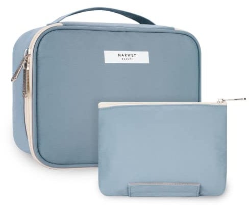 Narwey Makeup Bag Travel Cosmetic Bags with Brush Compartment, Portable Makeup Bag with Handle, Make up Bag Organizer Case with Brush Storage for Women (Greyish Blue (Upgrade))