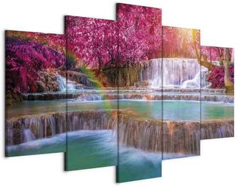 B&D XXL - Quadro Cascata Acrobaleno 150x75 cm 5 Pezzi - Stampa su Tela Canvas con Struttura - Quadri Componibili Moderni Soggiorno Grandi - Murale Arte Decorazioni da Parete Decori - Paesaggio Natura
