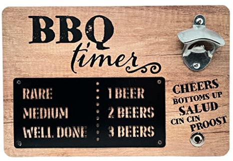 Bieröffner Wandflaschenöffner aus Holz mit Metall-Flaschenöffner und mit magnetischem Kronkorkenhalter (BBQ Timer)