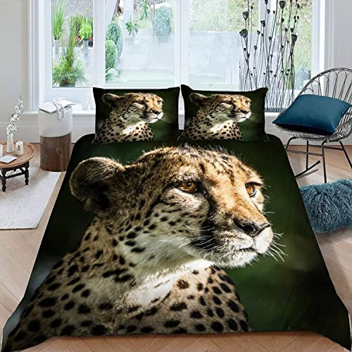 JIARAO Kinder Bettwäsche Set 135x200 3D Druck Schöner Gepard Bettwäsche100% Mikrofaser Weiche mit Reißverschluss Landtiere Sommer Bettbezüge und 2 Kissenbezug 80x80 cm