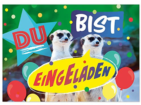 8 Einladungskarten Kindergeburtstag mit Umschlägen, Lustige Erdmännchen witzig, Karte Geburtstag Einladung zum Ausfüllen
