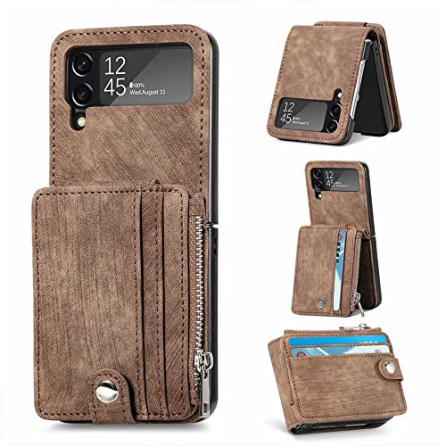 ZCDAYE Samsung Galaxy Z Flip 4 Hülle mit abnehmbarem Kartenhalter, PU Leder Samsung Z Flip 4 Handytasche Z Flip 4 Handyhülle Klapphülle für Samsung Galaxy Z Flip 4 Case, Braun