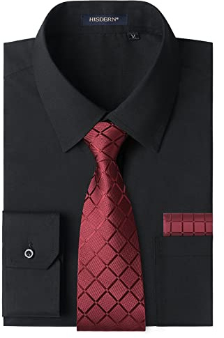 Men's Black Long Sleeve Dress Shirt with Matching Tie and Handkerchief Set Classic Button Down Formal Business Shirts and Red Ties for Men