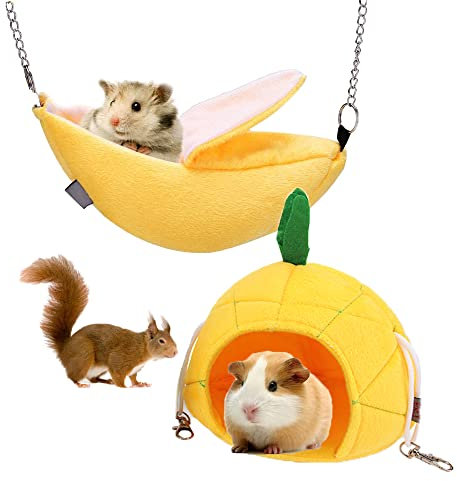 HUOGEE Bananenhaus Hamsterbett, 2 Stück Hamster Hängematte, Ananashaus Hamsterbett, Warm Bett Haus Käfig Nest Hamster Zubehör für Zuckergleiter Kleine Vögel usw