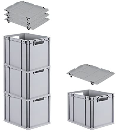 PROREGAL SuperSparSet 4x Eurobox NextGen Grip mit Auflagedeckel & 4 schwarzen Schiebeschnappverschlüssen, HxBxT 32x30x40cm, 30 L, Grau, Griffe offen, Eurobehälter, Transportbox