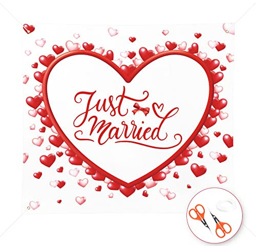 Hochzeitsherz zum Ausschneiden Hochzeitsdeko, 200x180cm Just Married Herz zum ausschneiden hochzeit Hochzeitslaken Hochzeitsbanner mit 2 Scheren für Hochzeitsdekoration Hochzeitsspiele Ausschneiden