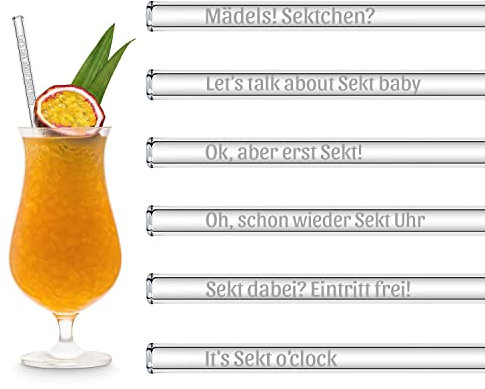 Sekt Geschenk Glasstrohhalme Lustige Sprüche | 6x 23cm Strohhalme für Sektgläser mit Gravur | Champagner Gläser Geschenkset | Glas mit Gravur Sekt Geschenk für Frauen
